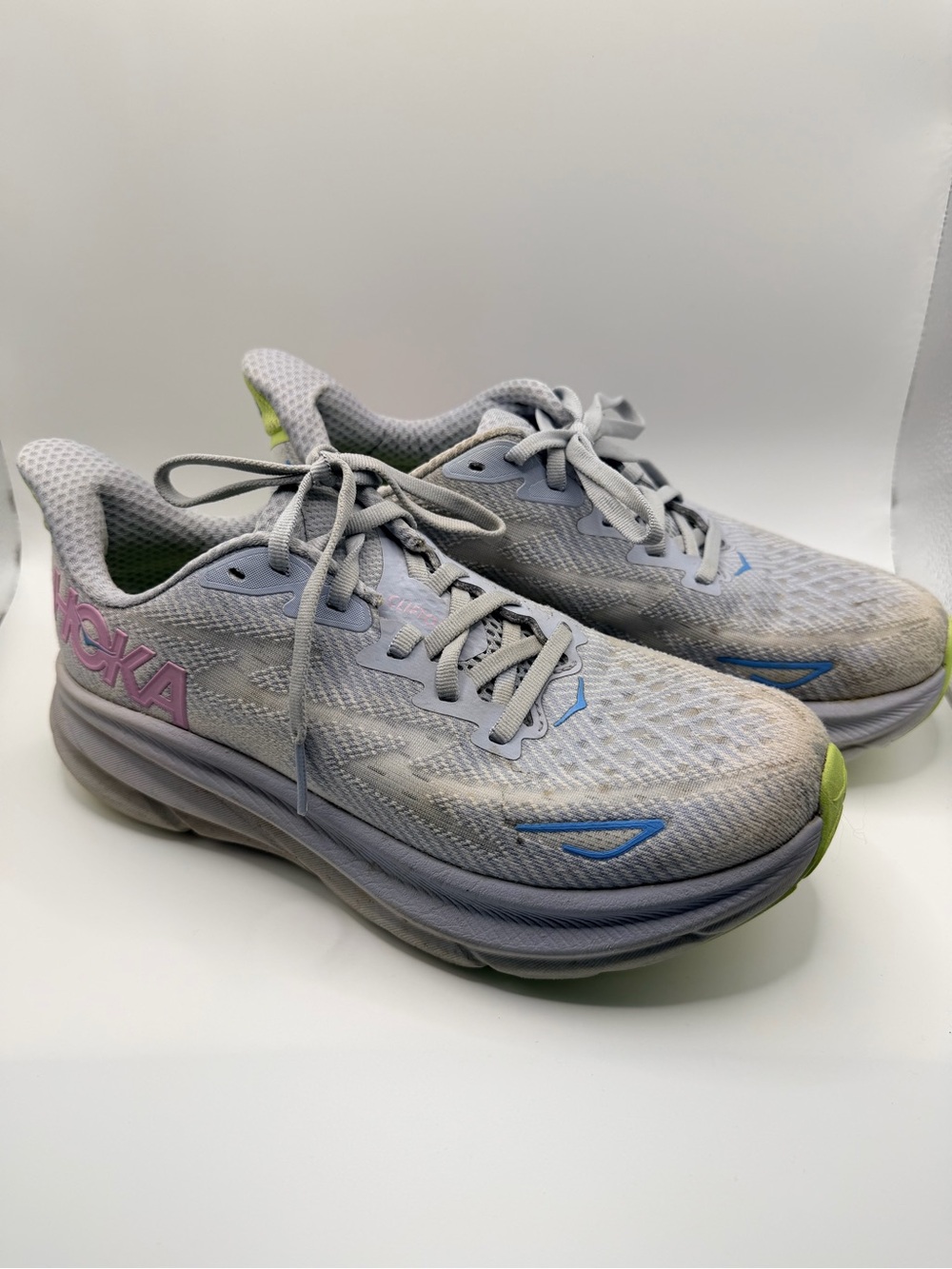 Hoka Women's Light Gray and Lime Green Running Sneakers